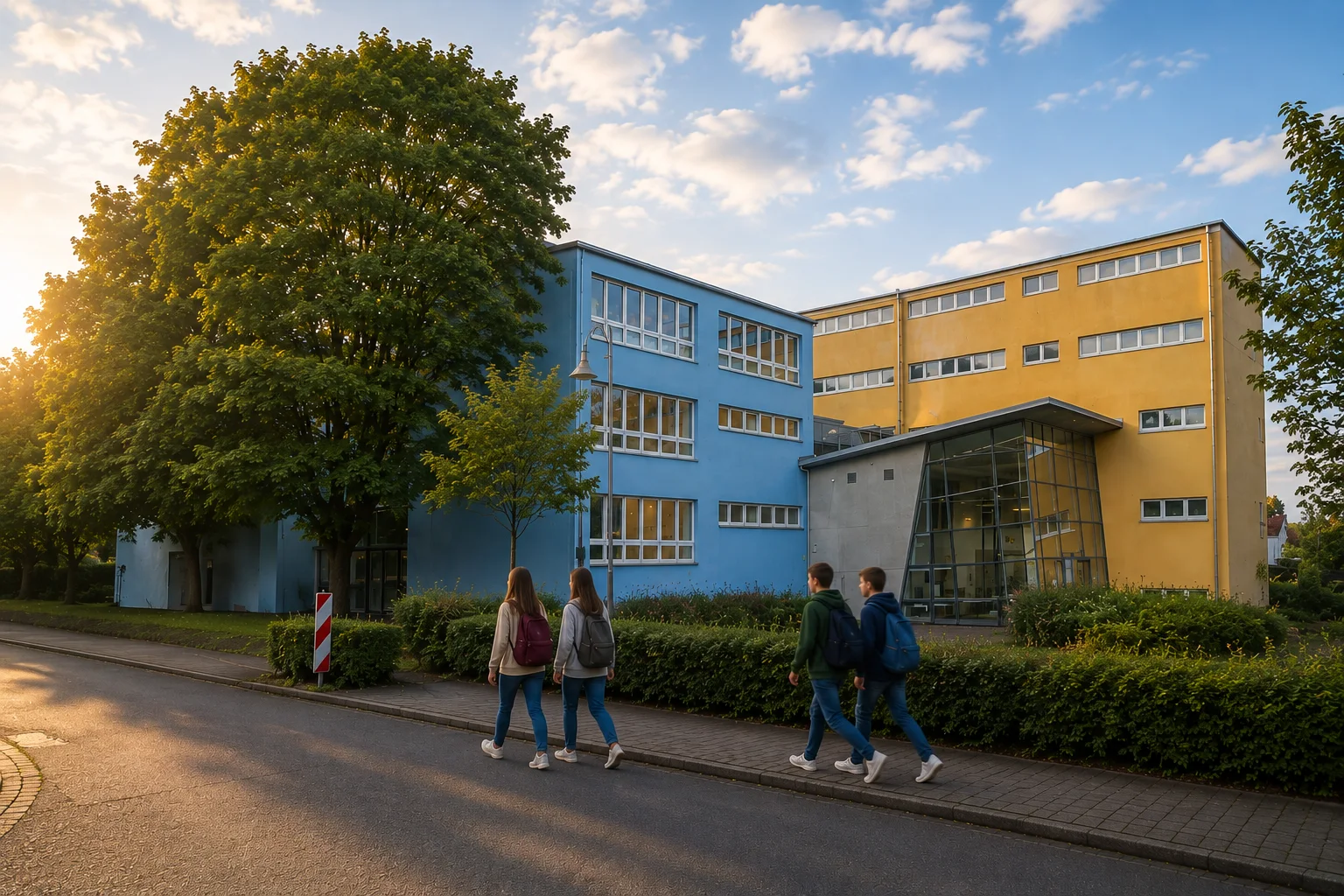 Schulgebäude von Hinten mit Blick auf die Aula