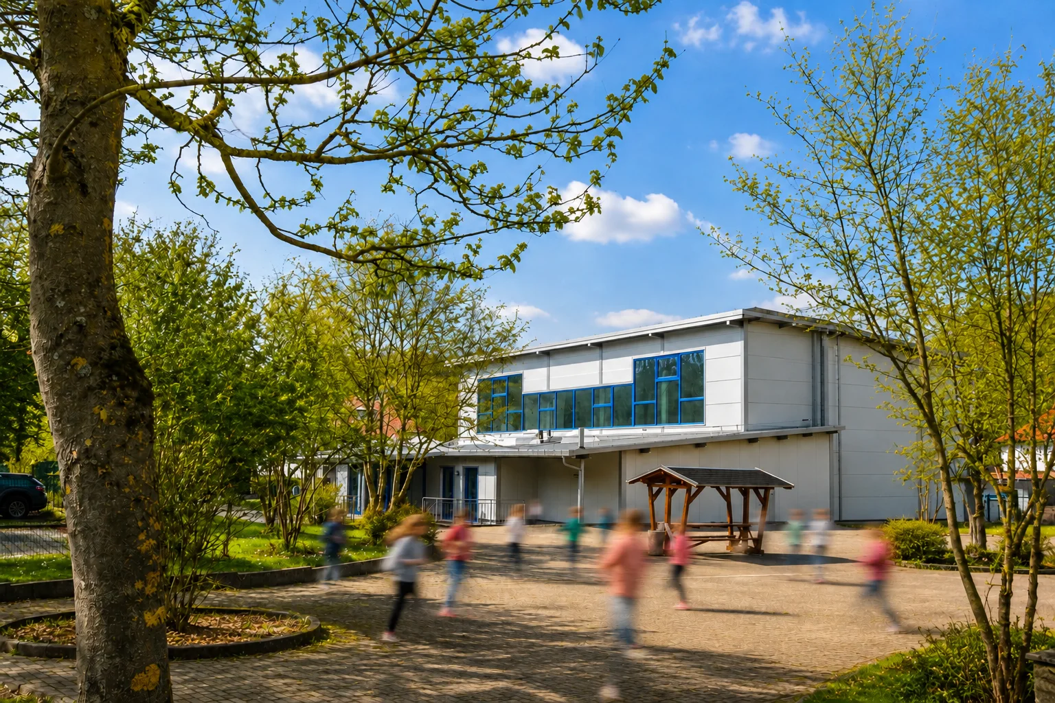 Schulhof RS Seebach mit Blick auf die Turnhalle