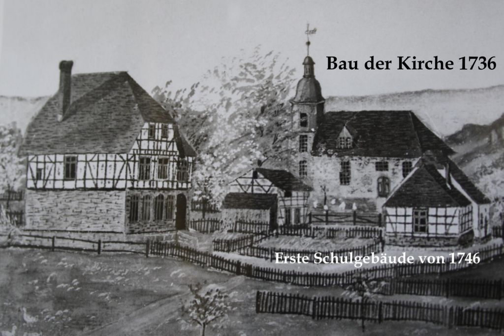 Historische Ansicht der Seebacher Kirche von 1736 und des ersten Schulgebäudes von 1746