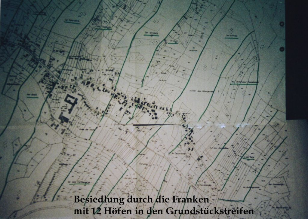 Historischer Liegenschaftsplan mit den zwölf Höfen und Grundstücksstreifen Seebachs