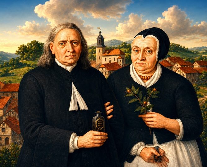 Gemaltes Doppelporträt eines Apothekers und einer Kräuterkundigen vor der Seebacher Kirche