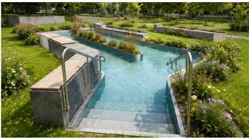Kneipp-Wassertretbecken mit Handläufen in einer Parkanlage