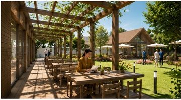 Überdachter Sitzbereich mit Holzpergola und Tischen im Grünen